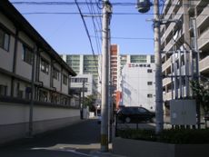 敷地の右脇に続く路。突き当たりに聳えるのは市営住宅―『ニュー堅粕住宅』。