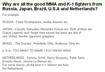『総合格闘技とK-1の優れた選手がみんなロシア、日本、ブラジル、米国とオランダ出身なのはなぜだ？』