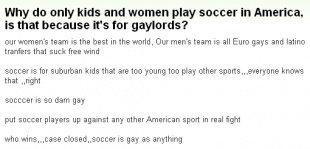 『アメリカではなぜ女子供しかサッカーをやらないのだろうか。ホモ大将向けのものだからだろうか？』