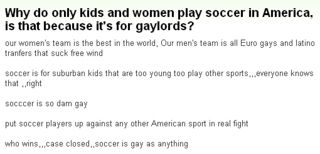 『アメリカではなぜ女子供しかサッカーをやらないのだろうか、ホモ大将のためのものだからだろうか？』
