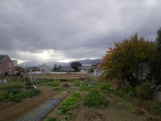 伽藍と彼方に連なる山々