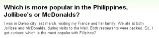 『フィリピンでジョリビーとマクドナルドどちらのほうが人気ありますか？』